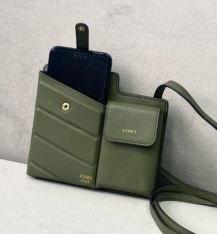 Small - sized Fendi crossbody bags in smooth calfskin leather for a compact and stylish carryFendi Bustine 2 Pockets Mini Olive Bag For Woman 16cm/6in