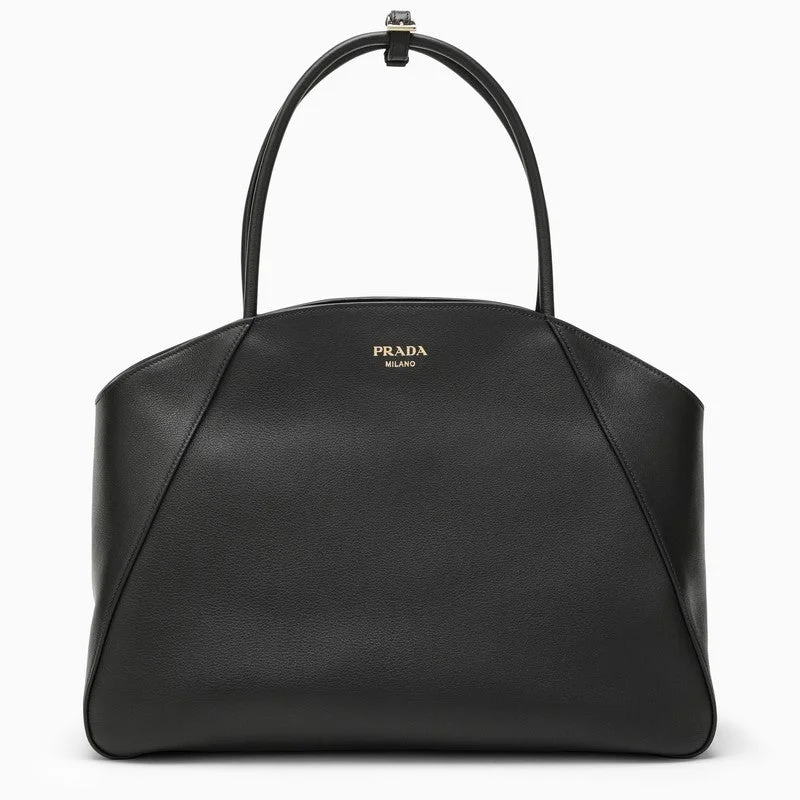 Prada bags with a chain - link trim and a leather body for a modern and stylish edgePrada Black Leather Large Handbag Women