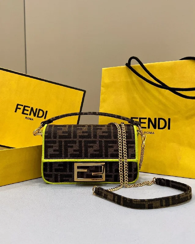 Fendi By The Way bags with a detachable pouch for separating small itemsFendi Baguette Small Brown Fabric Yellow Border Bag For Woman 18cm/7in