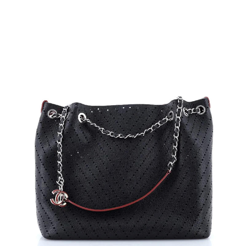 Ladies Prada shoulder bags with a magnetic - closure flap for easy opening and closingAccordion Shopping Tote Perforated Caviar Medium