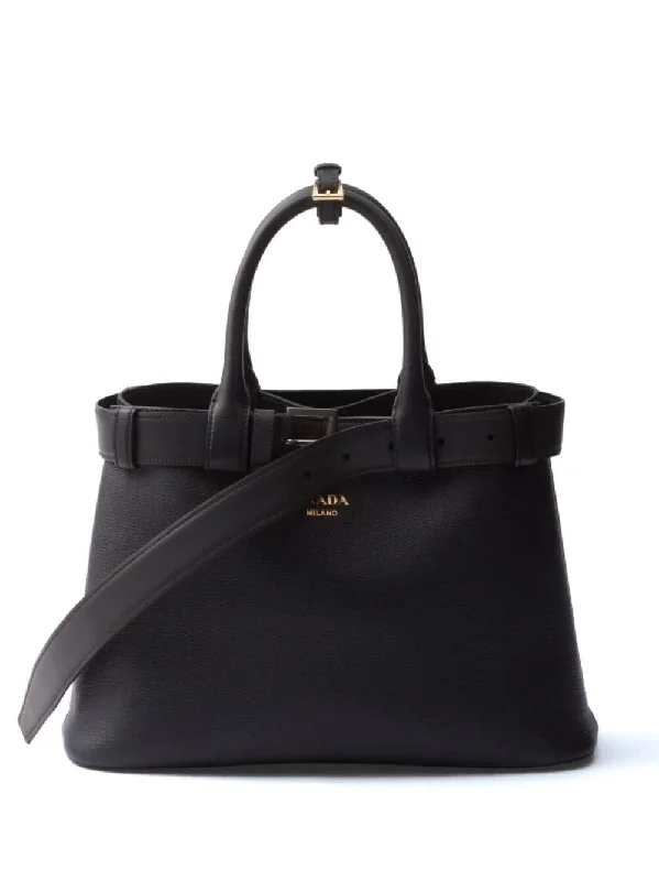 Prada tote bags with a printed Prada logo on the front for brand visibilityPrada Women Buckle Medium Leather Handbag