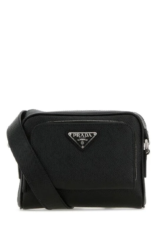 Prada bags with a detachable mirror inside for quick touch - upsPrada Man Black Leather Crossbody Bag