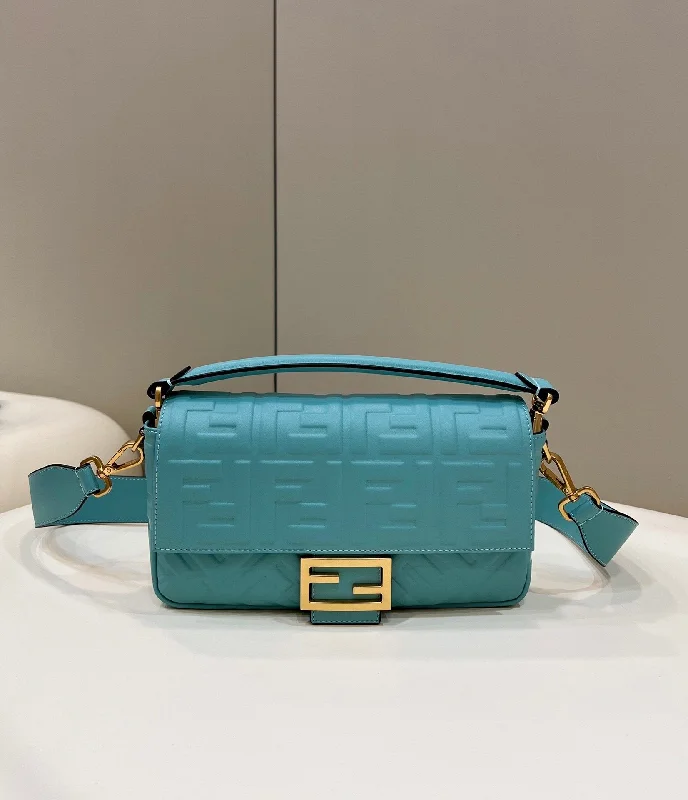 Ladies Fendi shoulder bags with a detachable key fob for easy key managementFendi Baguette Teal Crossbody Bags