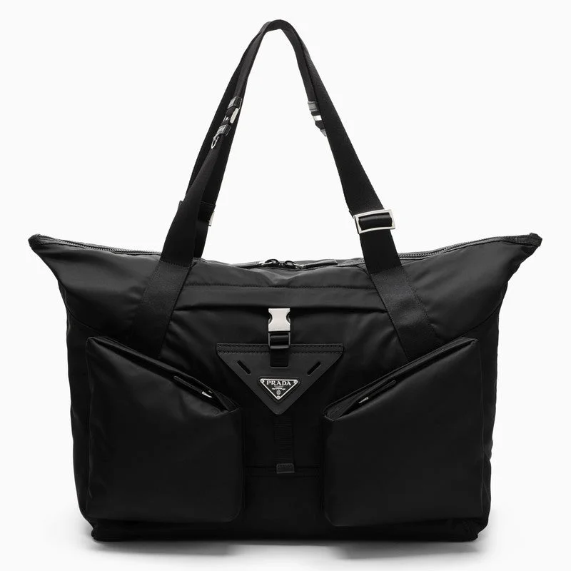 Prada bags with a zip - top closure and multiple interior pockets for organizationPrada Re-Nylon And Black Leather Travel Bag Men