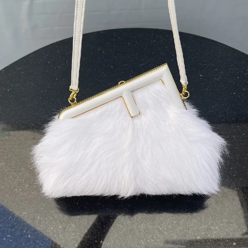 Fendi bags with a front - flap pocket and a turnlock for a classic and elegant aestheticFendi Fendirst Small White Fox Fur Bag For Woman 26cm/10in