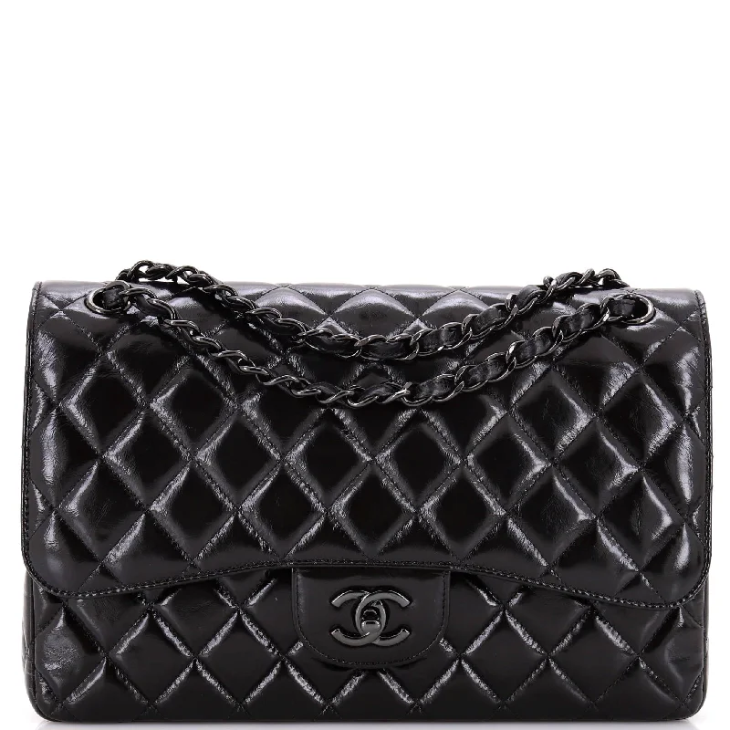 Prada Cahier bags with a detachable shoulder strap for versatile carryingSo Black Classic Double Flap Bag Quilted Shiny Crumpled Calfskin Jumbo