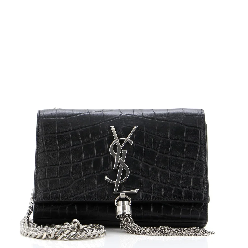 Prada Galleria bags with a structured silhouette for a professional lookClassic Monogram Tassel Crossbody Bag Crocodile Embossed Leather Small