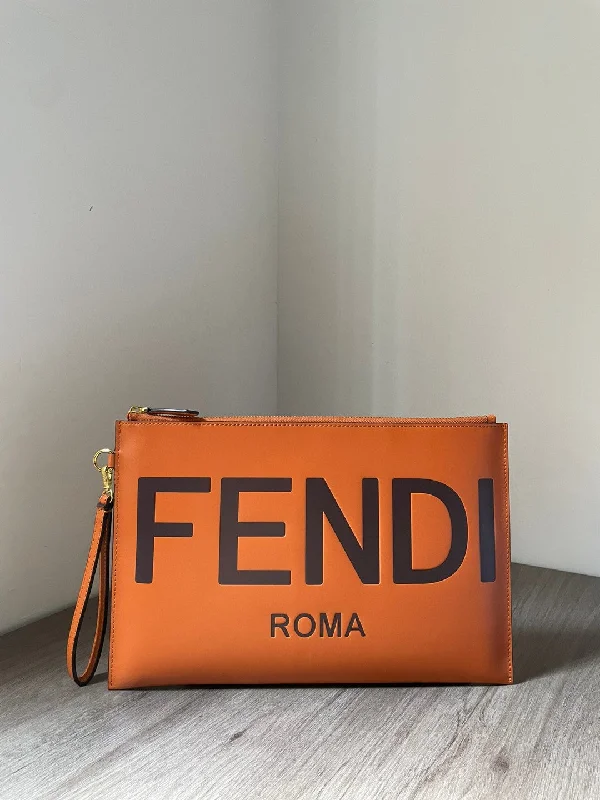 Fendi By The Way bags with a large capacity and a drawstring closureFendi Flat Pouch Brown Large Pouch Bag