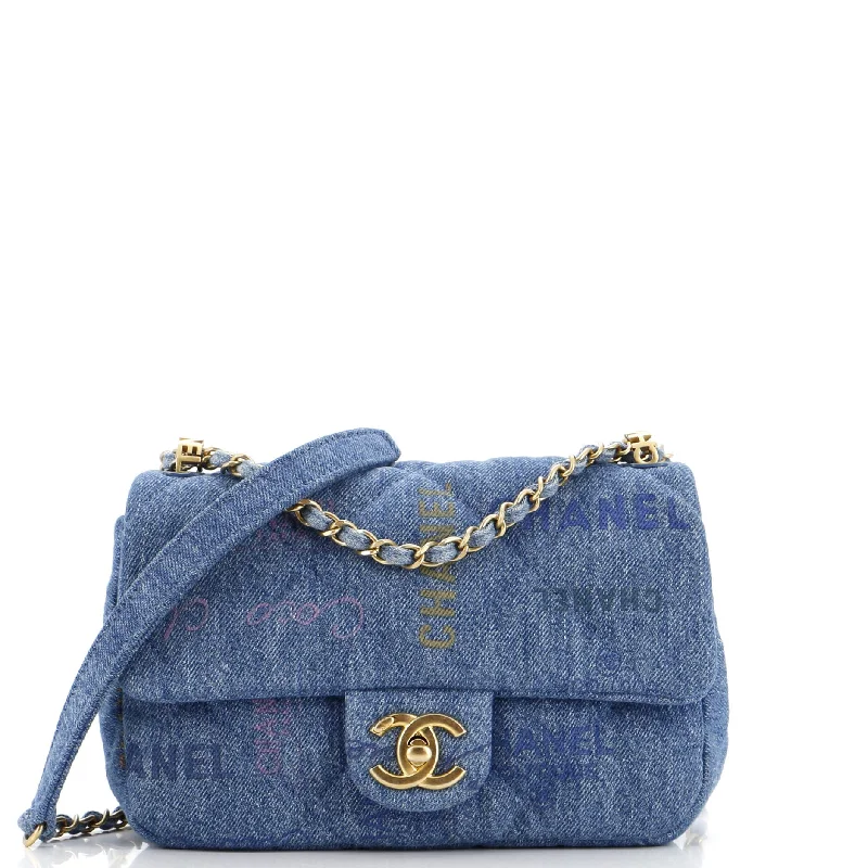 Prada Cahier bags with a leather - wrapped handle for a luxurious feelDenim Mood Flap Bag Logo Printed Quilted Denim Small