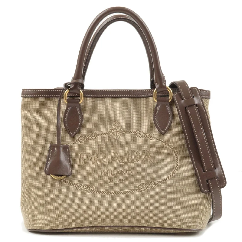 Prada bags with a back - zip pocket for storing valuables securelyPrada Logo Jacquard Beige Canvas Leather Trim Crossbody Satchel Bag