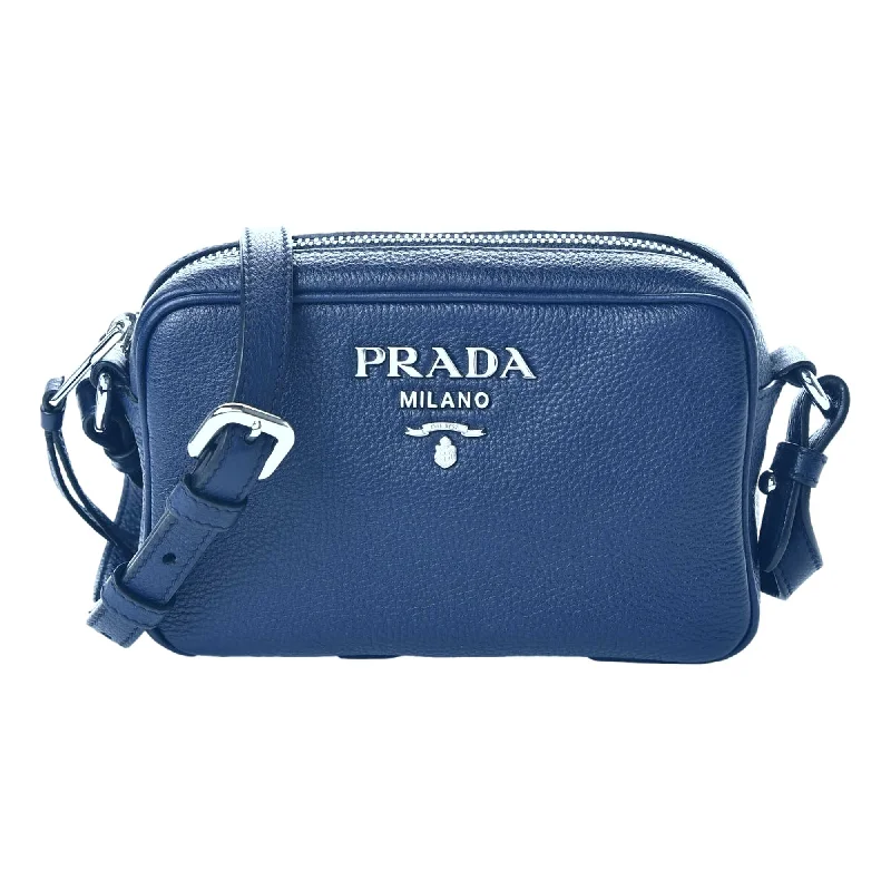 Ladies Prada shoulder bags with a single - handle design for simplicityPrada Vitello Phenix Blue Leather Silver Logo Small Camera Crossbody Bag