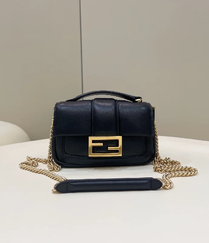 Fendi handbags with a metal - framed clasp for durability and a stylish lookFendi Baguette Chain Black  Bag For Woman 19cm/7.5in