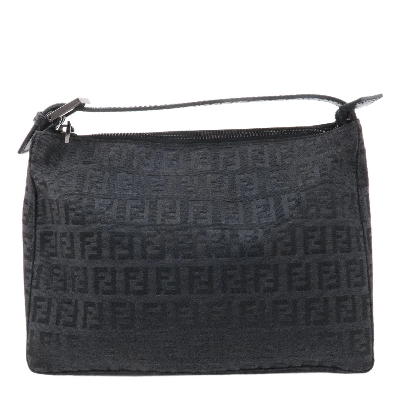 Fendi bags with a leather - bound notebook insert for jotting down notesFENDI Zucchino Canvas Leather Hand Bag Pouch Black 8N0005