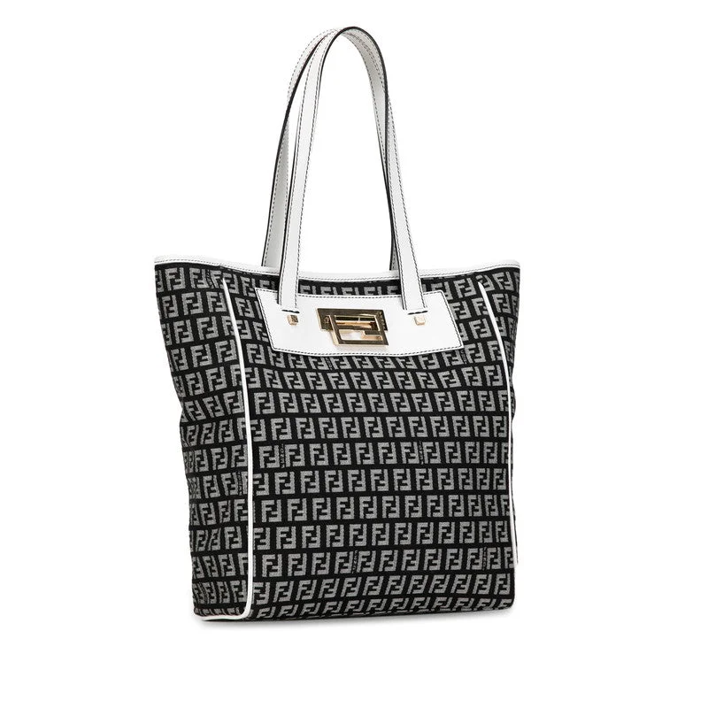 Ladies Fendi Baguette bags with a star - shaped charm for a playful and trendy touchFendi Zucca Handbag 8BH174 Black White Linen Leather  Fendi