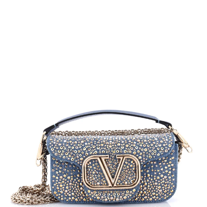 Prada handbags with a beaded trim for a touch of glamour and eleganceVLogo Loco Flap Shoulder Bag Crystal Embellished Denim Small