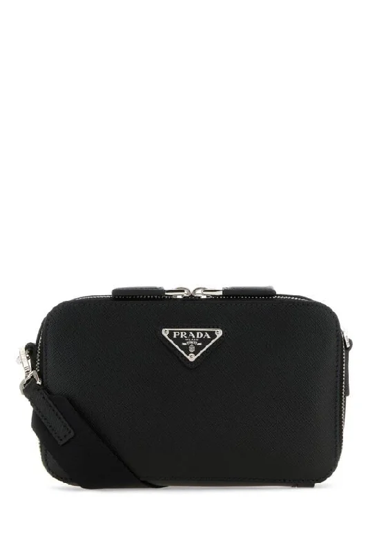 Prada handbags with a metal - framed clasp for durability and stylePrada Man Black Leather Brique Crossbody Bag