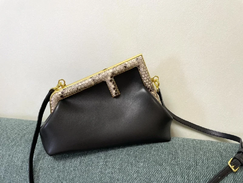 Ladies Fendi shoulder bags with a detachable scarf strap for a stylish and versatile optionFendi Fendirst Small Black with python Bag