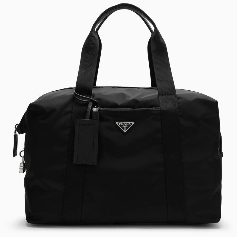 Prada tote bags with a double - handle and shoulder - strap option for easy usePrada Black Re-Nylon And Saffiano Duffle Bag Men