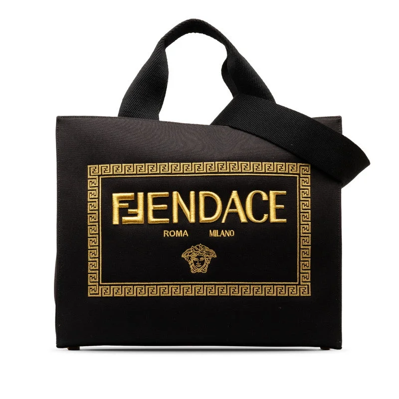 Fendi tote bags with a snap - button closure and a decorative charm for a fashionable and personalized lookFendi  Versace Fendace La Medusa Torta Bag 2WAY 8BH395 Black Canvas  Fendi