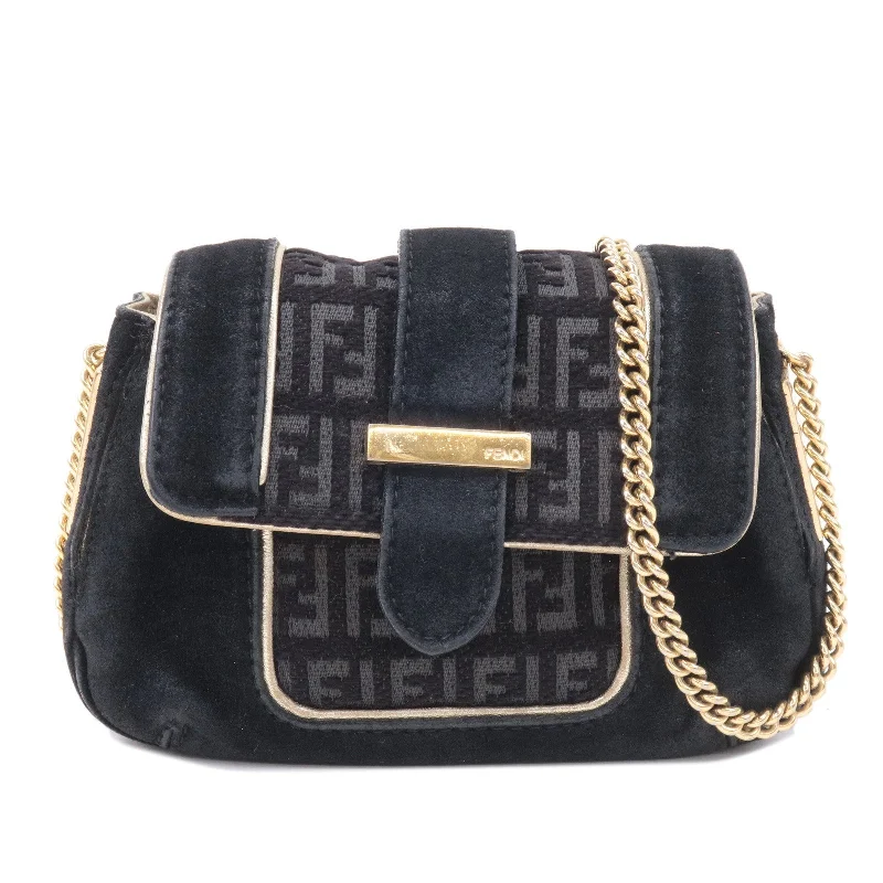 Ladies Fendi Peekaboo bags with gold - toned hardware for a touch of luxuryFENDI Zucchino Suede Canvas Chain Shoulder Bag Black 8BT078