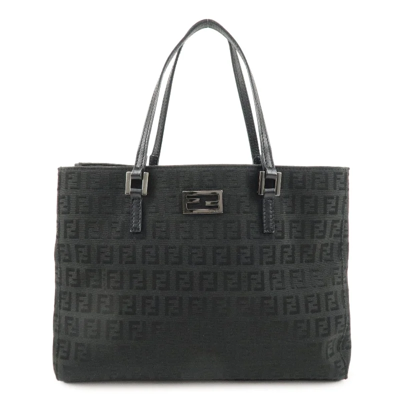 Fendi Sunshine Shopper bags with a contrast - stitched handle for a unique and stylish lookFENDI Zucchino Canvas Leather Hand Bag Tote Bag Black 8BH132