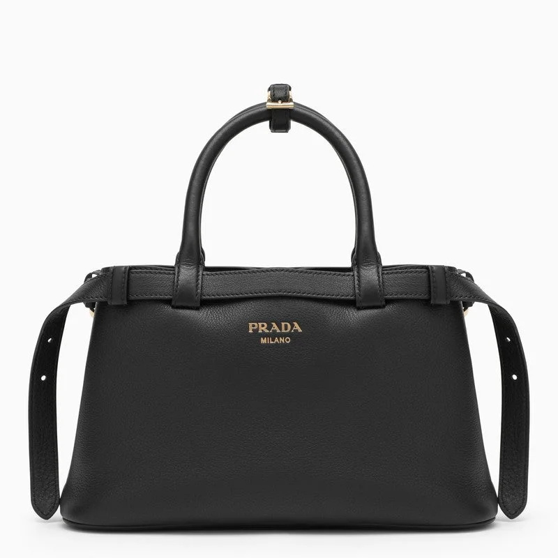 Prada Galleria bags with a structured silhouette for a professional lookPrada Black Leather Small Buckle Bag With Belt Women