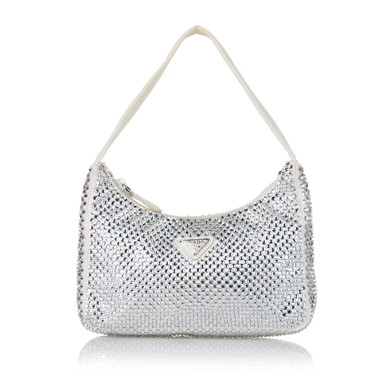 Ladies Prada handbags with a detachable wallet inside for added conveniencePrada Re-Edition 2000 Mini Satin Crystal