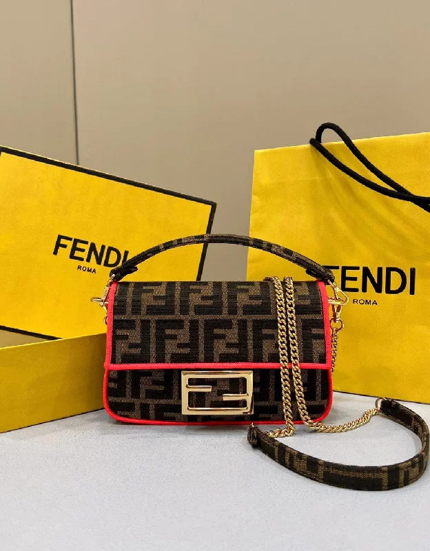 Ladies Fendi shoulder bags with a quilted leather exterior for a luxurious and cozy lookFendi Baguette Small Brown Fabric Orange Border Bag For Woman 18cm/7in