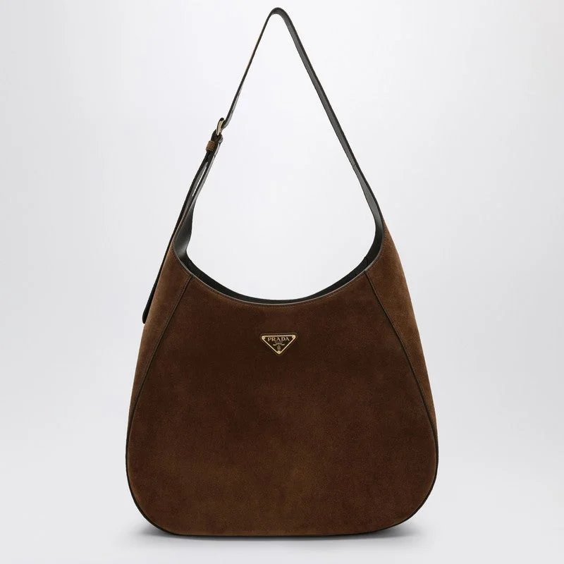 Prada Cleo bags with a curved shape and a chain - link shoulder strapPrada Large Brown Suede Bag Women