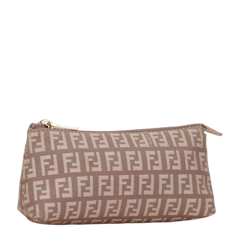 Fendi bags with a front - zip pocket for small items such as lip balm and earphonesFendi Zuo Pouch 7N0037 Beige Pink Canvas Leather  Fendi