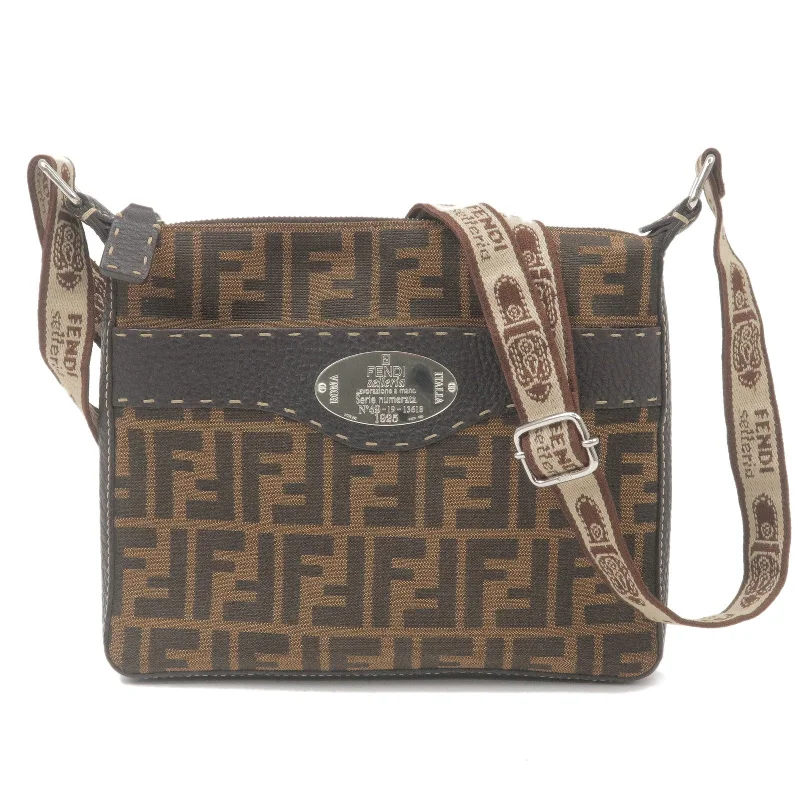 Fendi tote bags with a printed Fendi logo on the front for high brand visibilityFENDI Zucca Selleria Canvas Leather Shoulder Bag Brown 8BT092