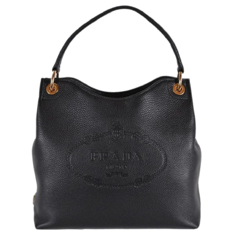 Prada bags with a detachable mirror inside for quick touch - upsPrada Vitello Phenix Black Leather Embossed Logo Hobo Tote Bag