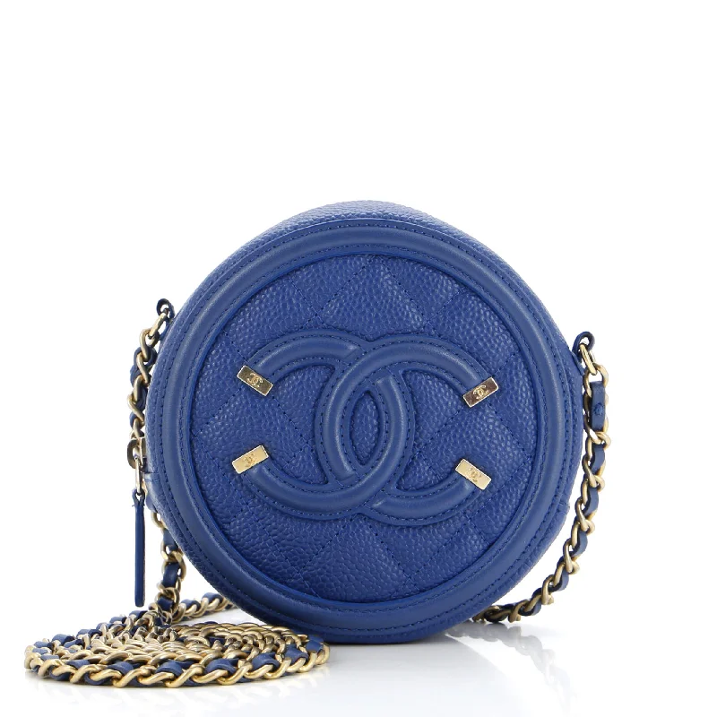 Prada Cleo bags with a curved shape and a chain - link shoulder strapFiligree Round Clutch with Chain Quilted Caviar Mini