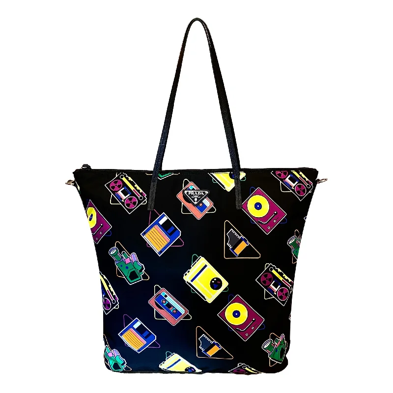 Prada Galleria bags with a structured silhouette for a professional lookPrada Cassette Print Black Nylon Convertible Shopping Tote Handbag