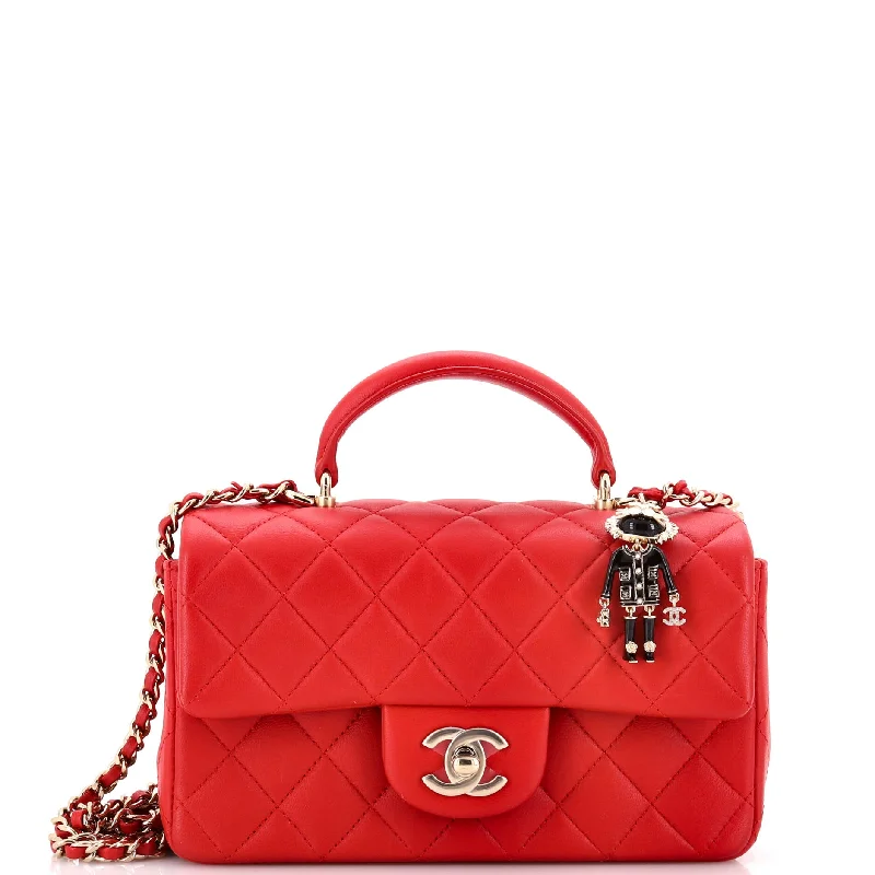 Ladies Prada handbags with a detachable wallet inside for added convenienceClassic Single Flap Top Handle Bag Quilted Lambskin with Lion Charm Mini