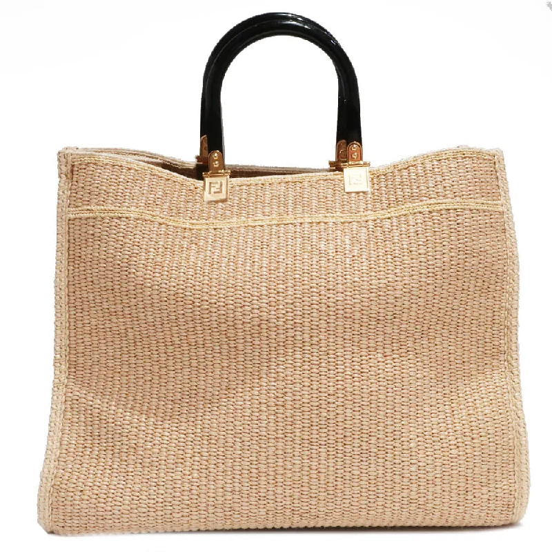 Fendi handbags with a perforated leather detail for a breathable and unique designFI Fendi Sunshine Medium 8BH386 Hand Shoulder Bag 2WAY Straw Material Beige G    Excellent Woodwear