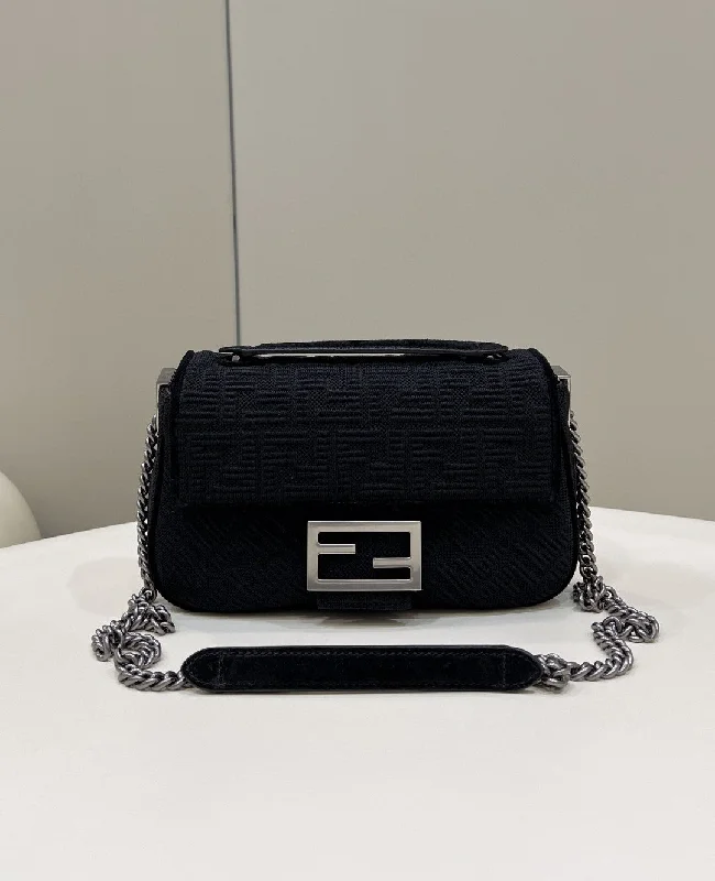 Fendi By The Way bags with a leather - wrapped drawstring for a luxurious and tactile feelFendi Baguette Chain Midi Black FF Fabric Bag For Woman 14.5cm/6in