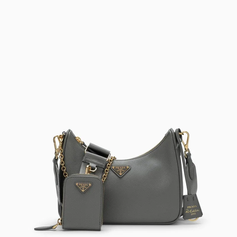 Ladies Prada shoulder bags with a tassel - adorned zipper for added charmPrada Re-Edition 2005 Slate-Coloured Saffiano Bag Women