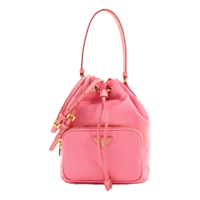 Prada bags with a detachable mobile phone holder for on - the - go conveniencePrada Re-Nylon Saffiano Duet Bucket Crossbody Bag Small Begonia Pink