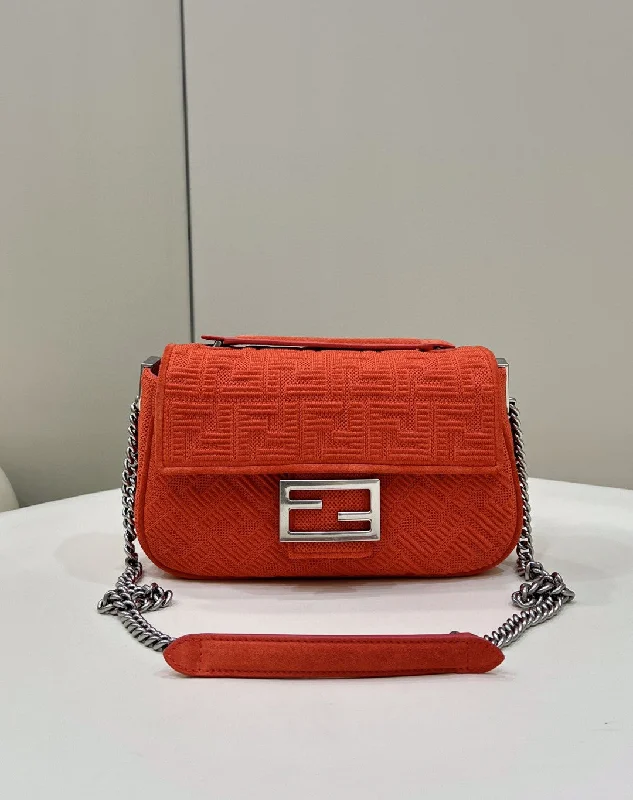 Fendi Baguette bags with a detachable charm featuring the brand's mascotFendi Baguette Chain Midi Red FF Fabric Bag