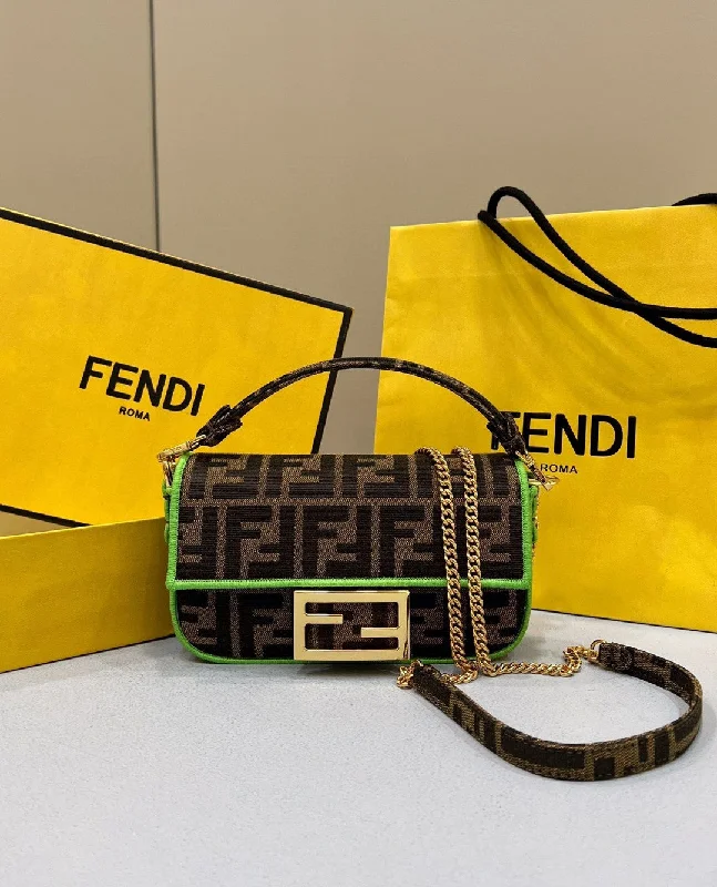 Fendi Baguette bags in a limited - edition colorway for a rare and exclusive lookFendi Baguette Small Brown Fabric Green Border Bag For Woman 18cm/7in