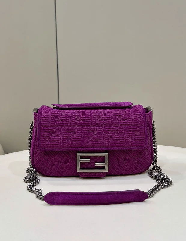 Fendi handbags with a metallic - finish FF logo for a bold and glamorous lookFendi Baguette Chain Midi Purple FF Fabric Bag