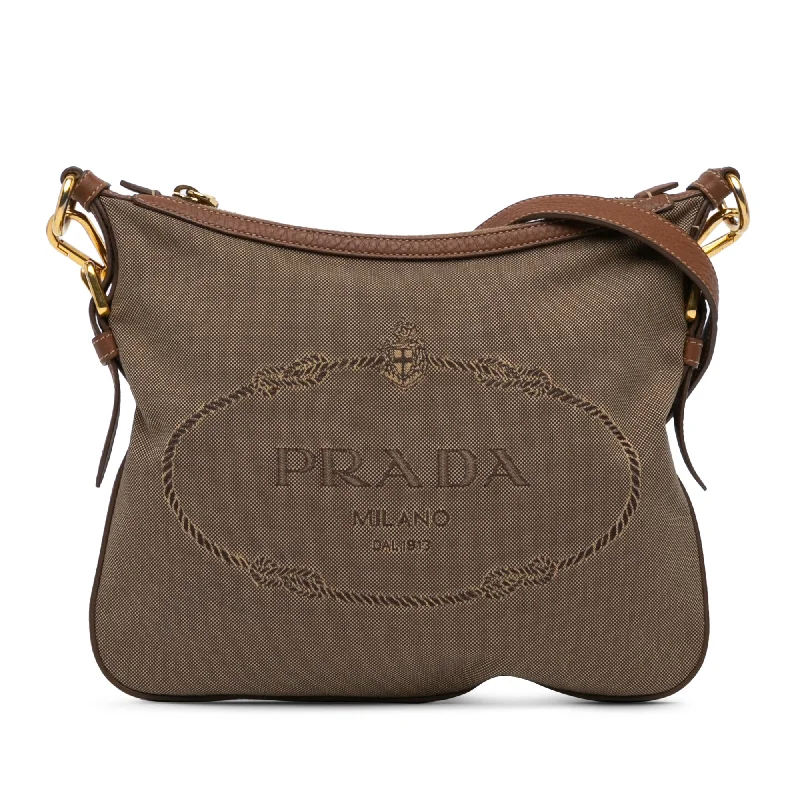 Prada tote bags with a double - handle and shoulder - strap option for easy useBrown Prada Canapa Logo Crossbody