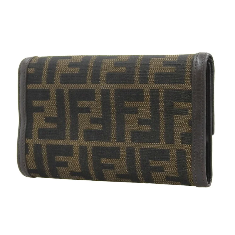 Fendi handbags with a glow - in - the - dark FF logo for a fun and unique featureFENDI Zucca Pattern Pass Trifold Wallet Canvas Leather Brown