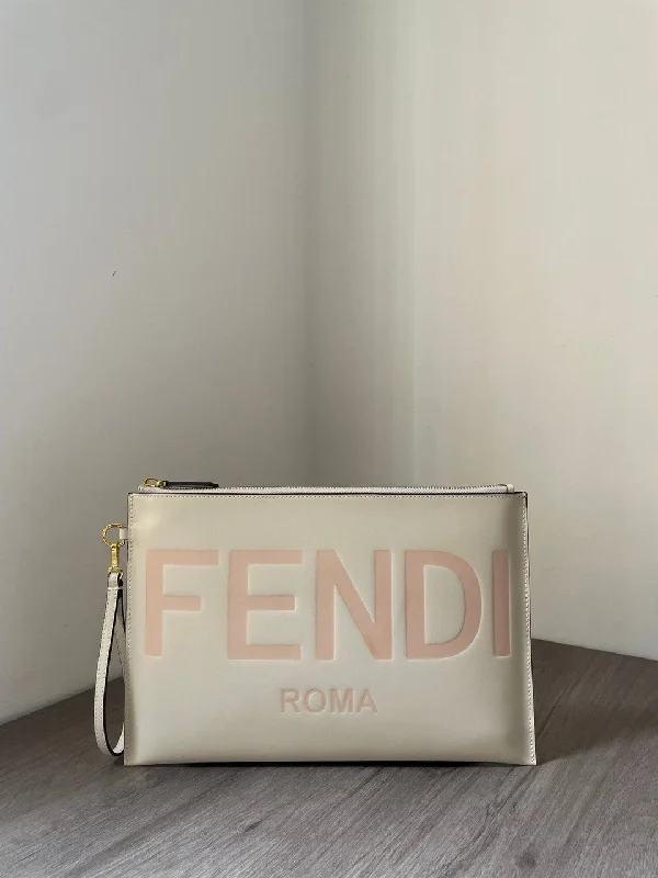 Ladies Fendi shoulder bags with a tassel - decorated zipper for added charm and styleFendi Flat Pouch White Large Pouch Bag