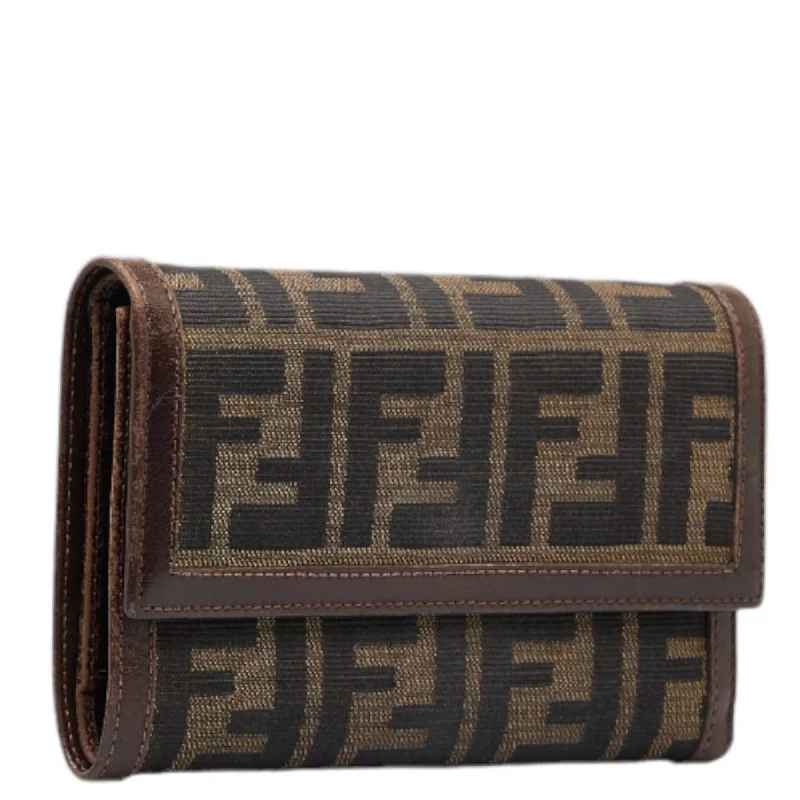 Fendi handbags with a glow - in - the - dark FF logo for a fun and unique featureFENDI Zucca Trifold Wallet 30858 Brown Black Canvas Leather Women's