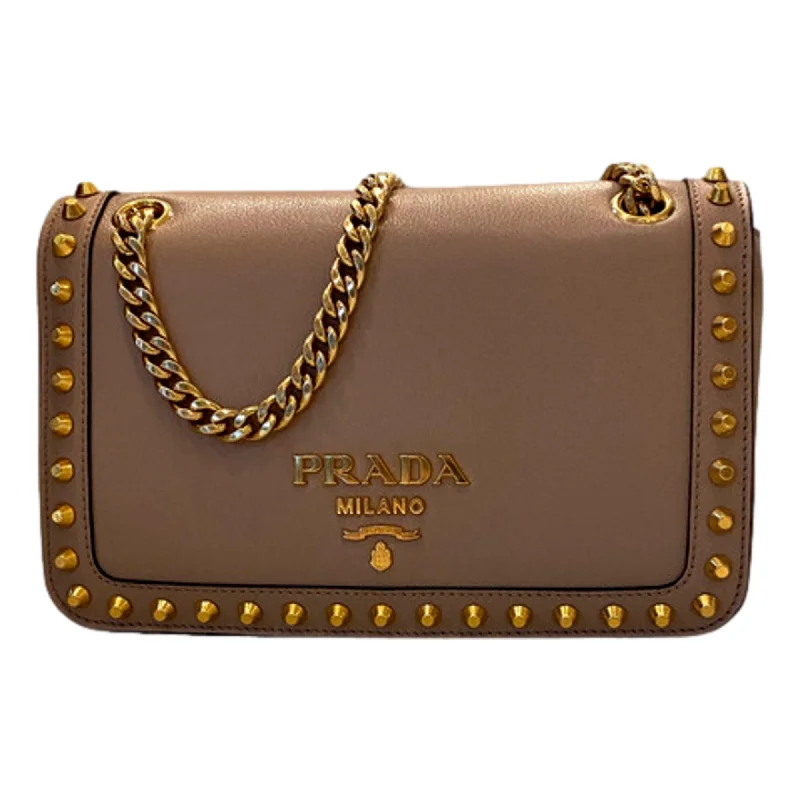 Ladies Prada Galleria bags with a textured leather surface for a more tactile lookPrada Pattina Glace Calf Leather Cammeo Beige Gold Studded Bag