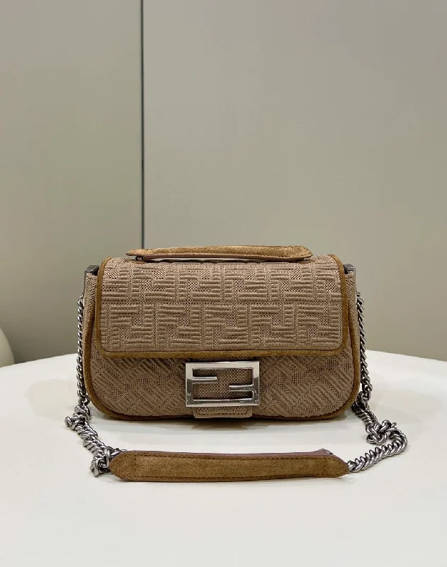 Fendi crossbody bags with a woven leather strap for a unique texture and visual appealFendi Baguette Chain Midi Beige FF Fabric Bag