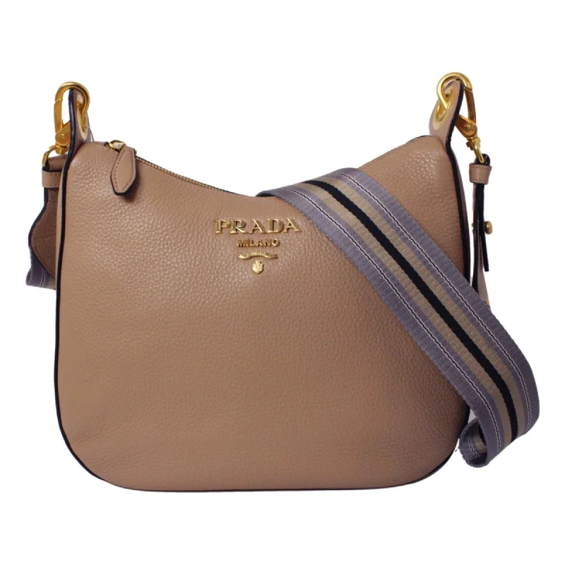 Prada handbags with a metal - framed clasp for durability and stylePrada Vitello Daino Tan Leather Bag Nylon Web Stripe Strap