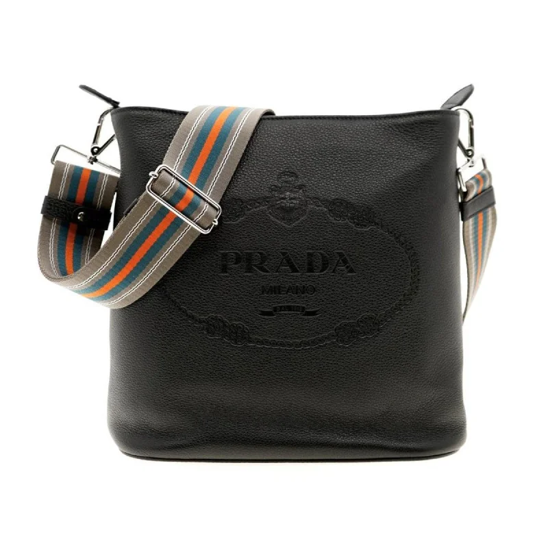 Prada nylon backpacks with a padded back panel for comfort during long - term usePrada Vitello Phenix Black Leather Web Strap Crossbody Bucket Bag